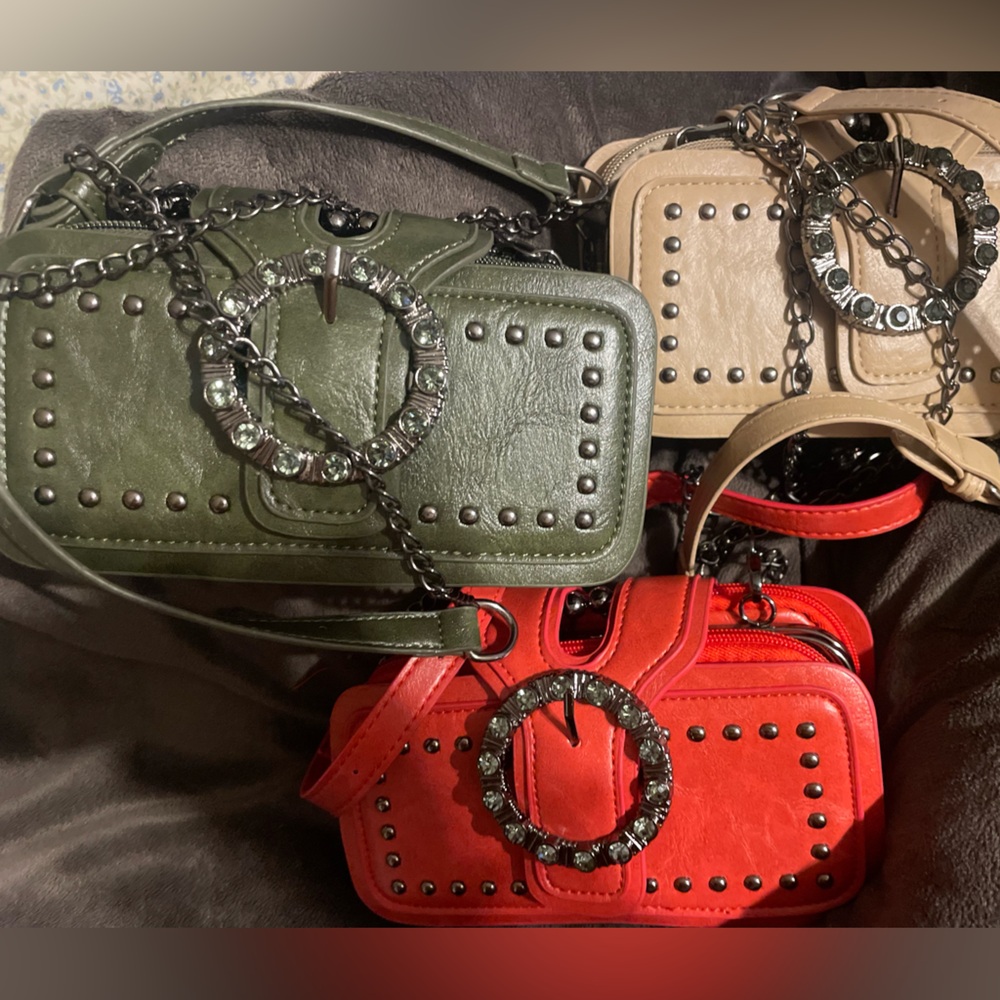 Chic Studded Crossbody Bag - Olive, Beige, and Scarlet